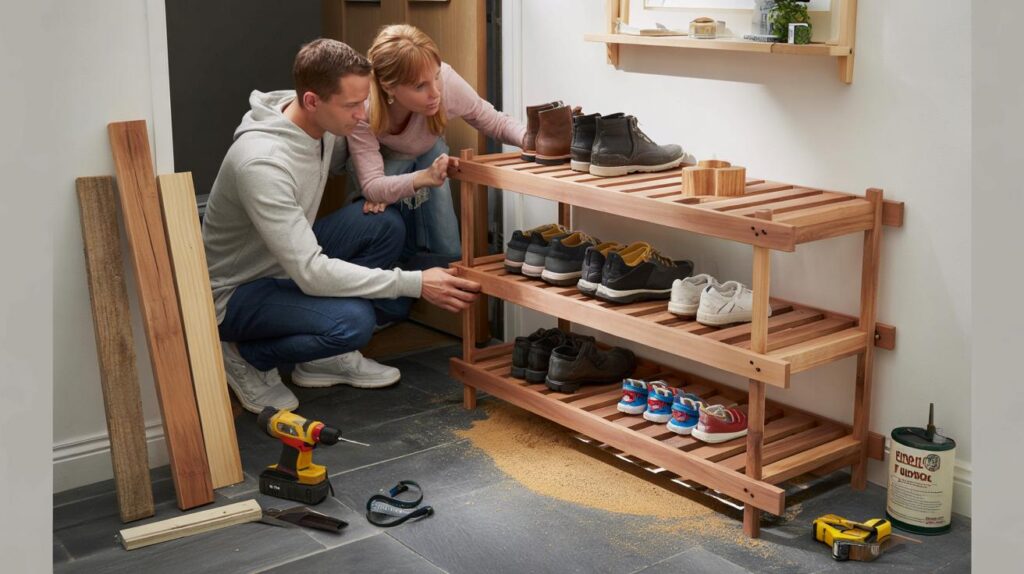 A couple built a sustainable entryway shoe rack from leftover wood: here’s how they did it