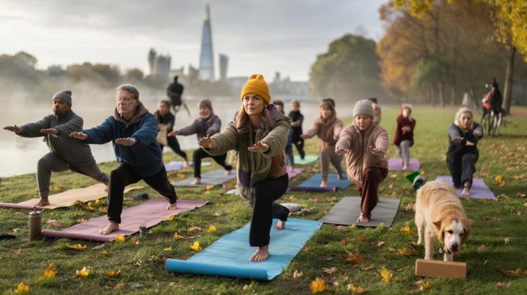 A fitness coach explains how outdoor yoga in the park helps beat autumn 2025 stress