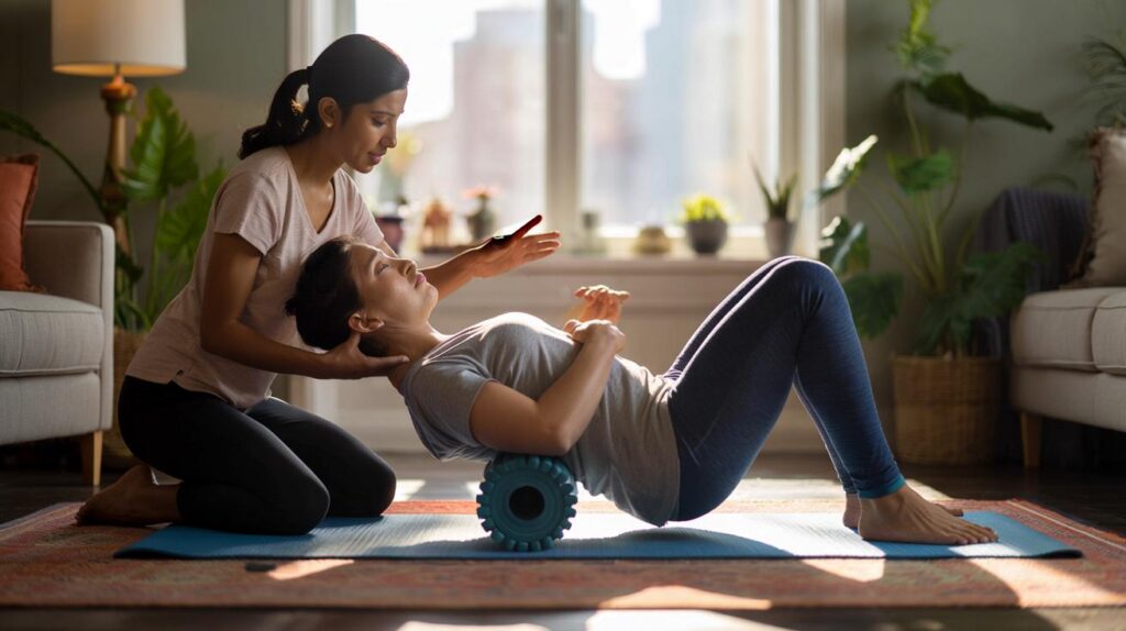 A fitness coach shows how to use a foam roller to ease back pain effectively at home