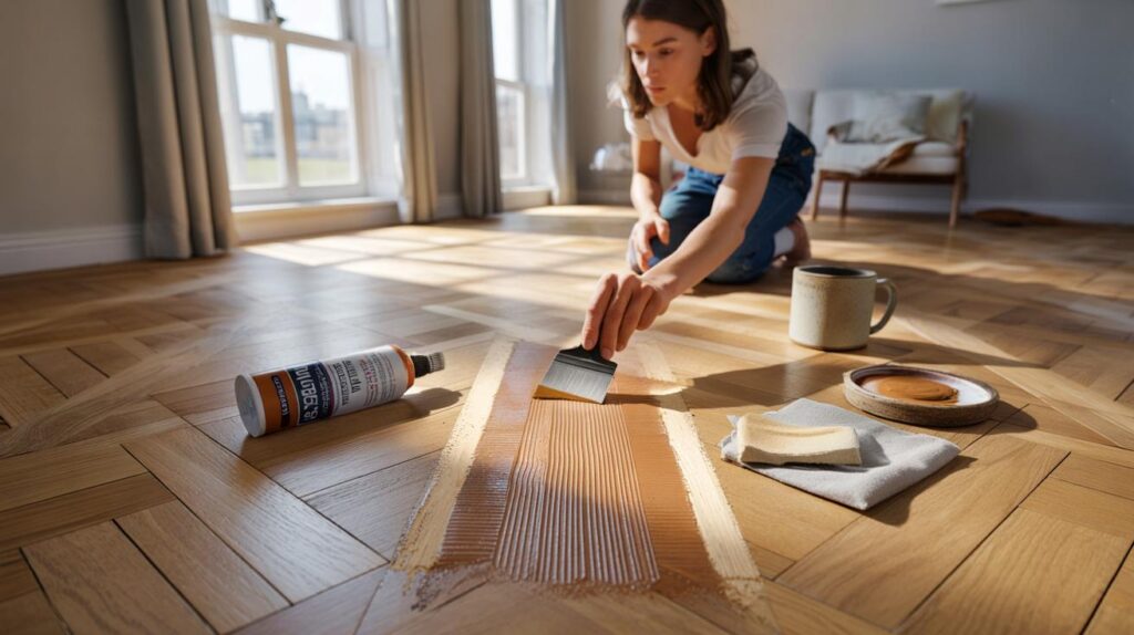A homeowner shares how wood filler repaired floor scratches and brought her parquet back to life