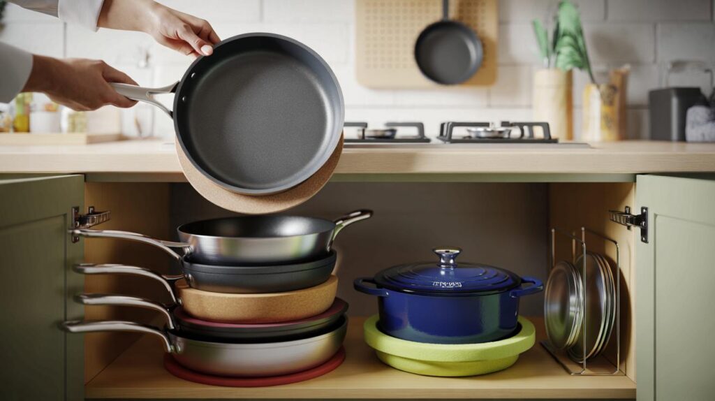 A kitchen expert shows how to stack pans without scratching them: clever space-saving hacks
