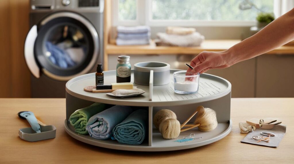 A rotating organiser for small items that makes your laundry room far more functional