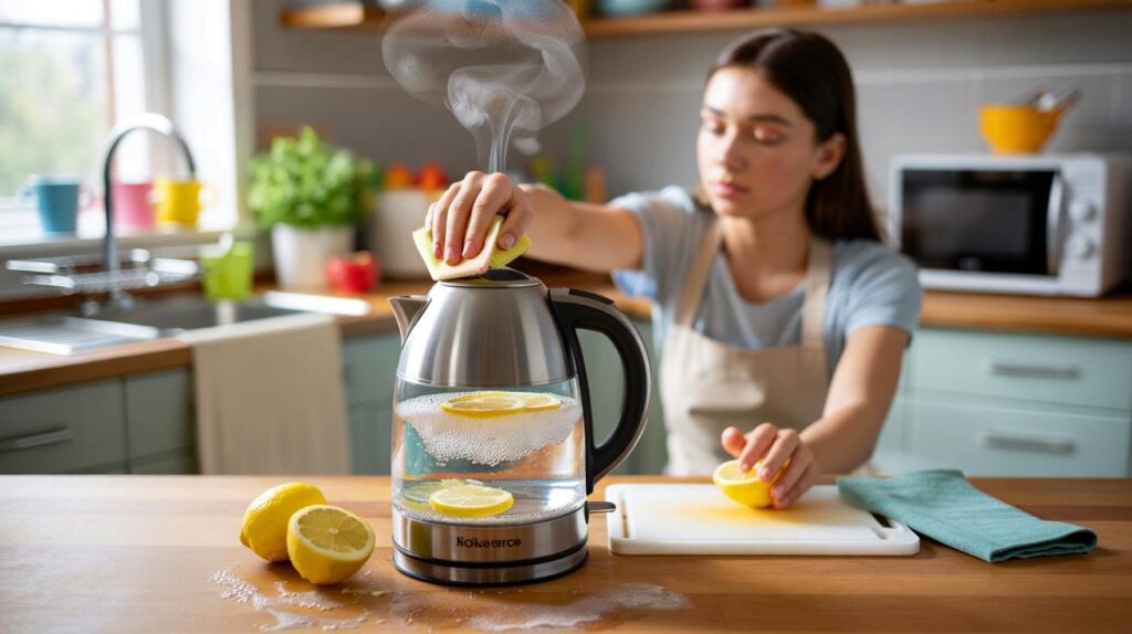 A student shares her trick to descale a kettle with lemon juice and keep the kitchen hygienic