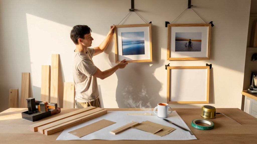 A young man shares how he built DIY wooden photo frames and transformed blank walls into art
