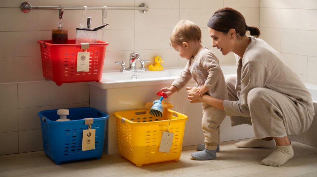 A young mum shares how colourful baskets helped her make the bathroom child-safe