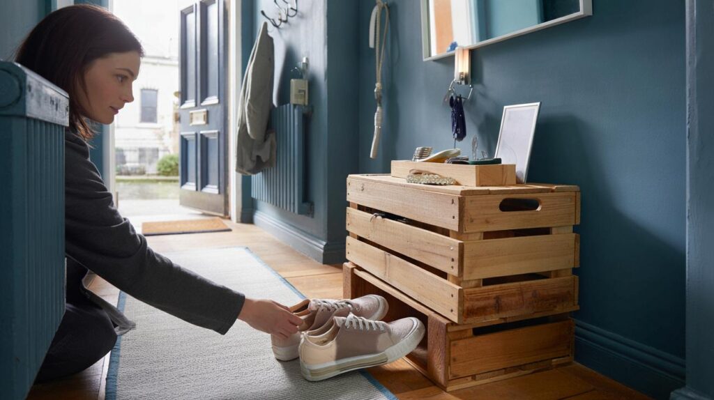 A young woman shares how she built stylish shoe racks from old crates and saved hallway space