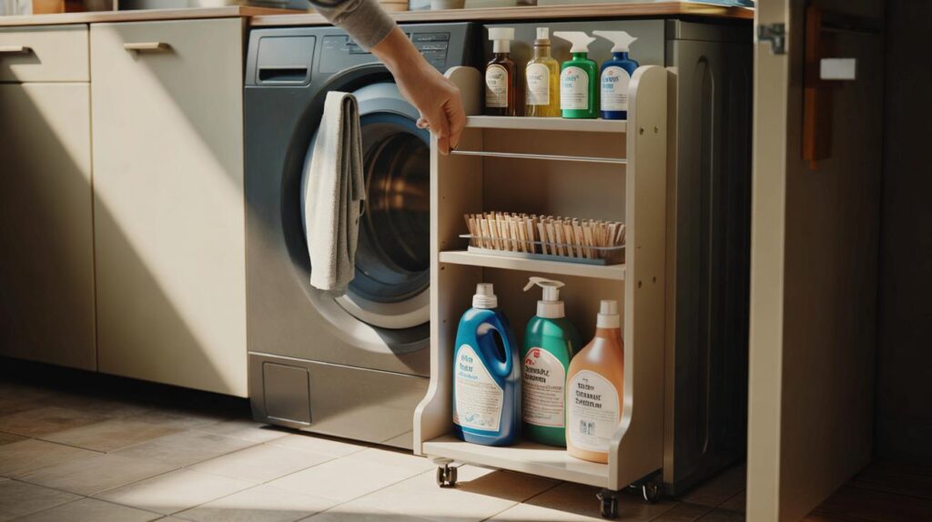 Build a slim laundry shelf for detergents and save space in small utility rooms