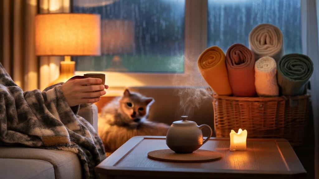 Cozy living essentials for autumn evenings with throw blankets and warm drinks