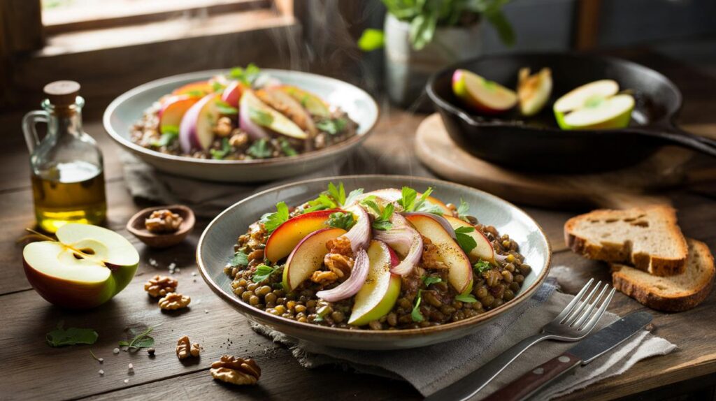 Got 15 minutes and £4? this warm lentil and roasted apple salad will sort your dinner for two