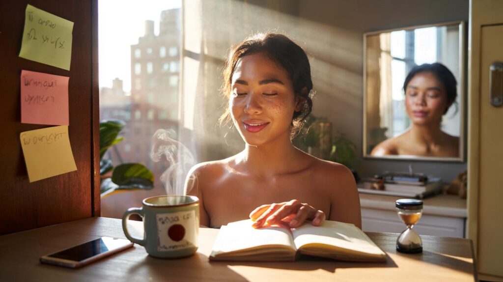 Self-care rituals involving journaling and affirmations to build confidence and embrace your glow-up journey