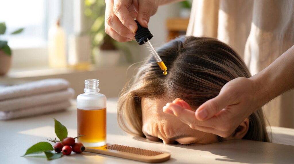 Use rosehip oil to nourish your scalp and reduce hair thinning naturally