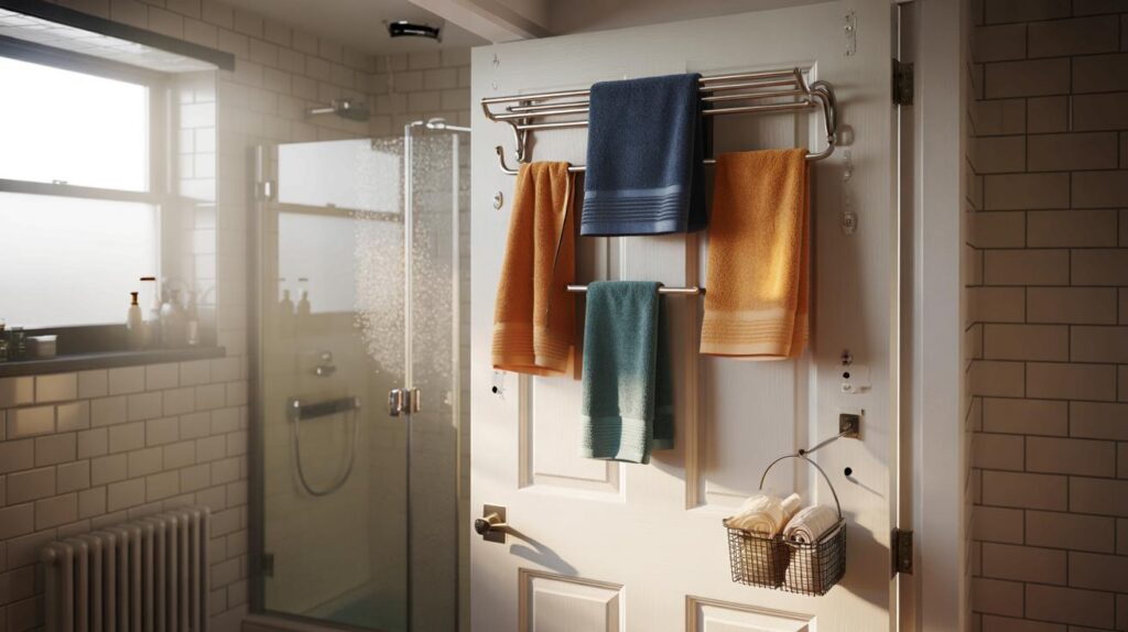 Use the back of your bathroom door for clever towel storage: simple and space-saving