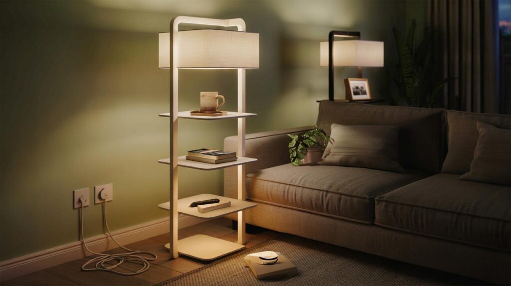 You, your sofa and £50: could Dunelm’s 1.5m floor lamp with shelves and 2m cable fix small rooms?