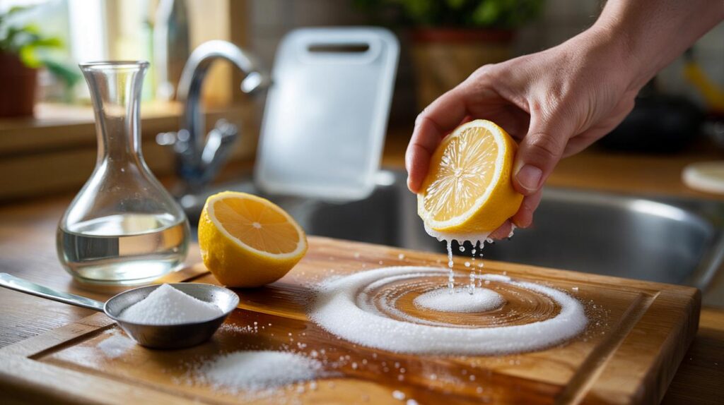 Your chopping board still reeks and breeds germs : 3 fixes with 1 lemon, 2 tbsp vinegar, 1 tbsp salt?